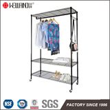 Mobile Adjustable DIY 3 Tiers Black Epoxy Coated Wire Metal Garment Rack Shelf with Hook